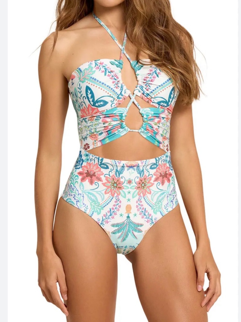 Girls Floral Cutout One-Piece Swimsuit - Coral & Teal